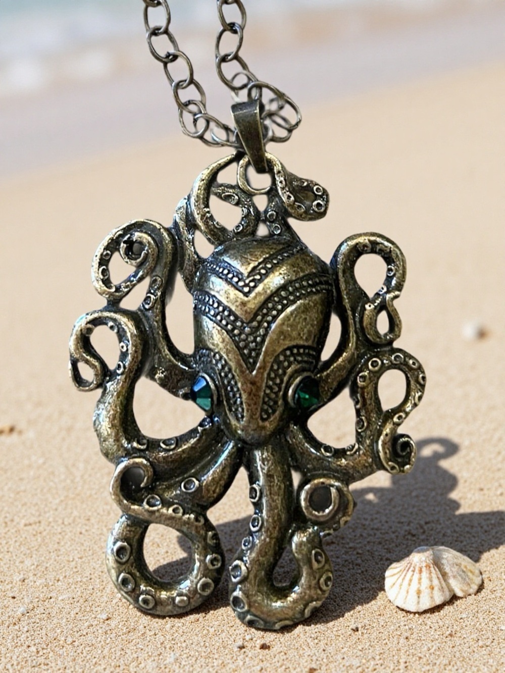 Bronze Octopus/Kraken Pendant Necklace with Green Accent Eyes - Picture 3 of 17